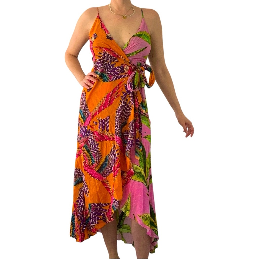 Farm Rio Orange and Pink Wrap Dress